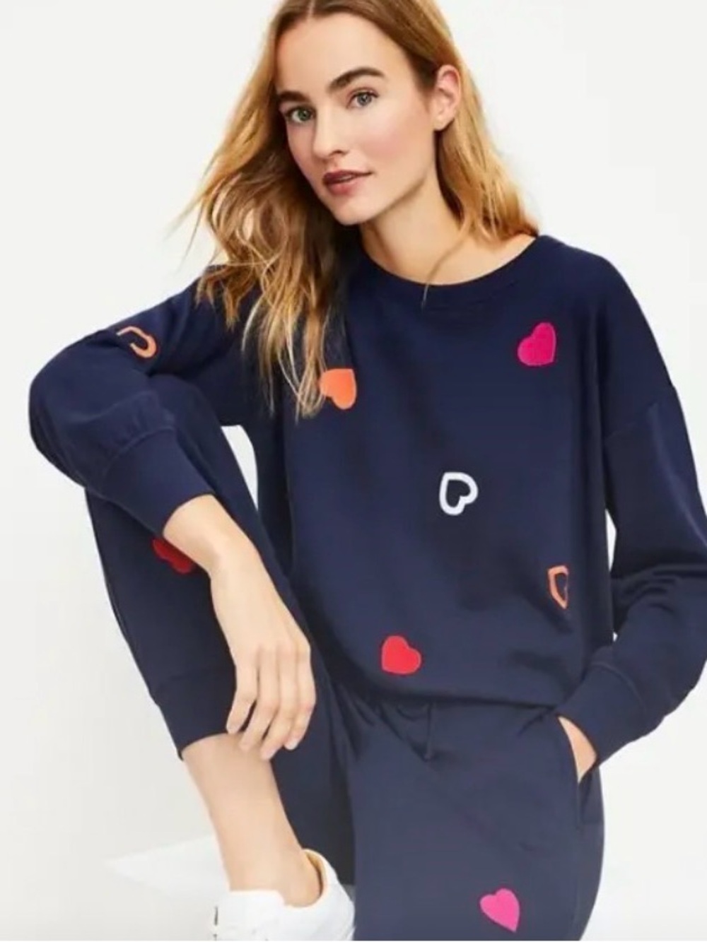 Lou & Grey For Loft Womens Size Small Heart Embroidered Sweater Cotton Crewneck